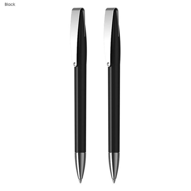 A set of two black plastic pens with silver accents and clips. The pens have a sleek design and feature a logo.