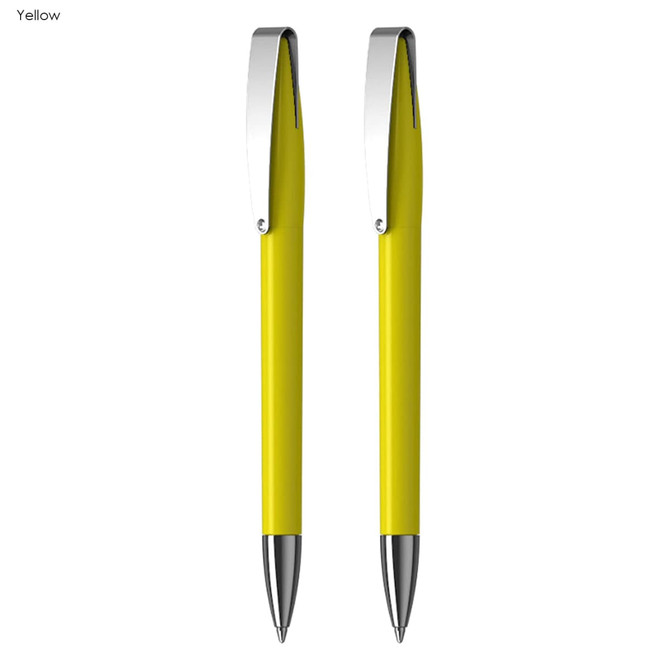 A set of two yellow plastic pens with chrome clips, featuring a sleek and modern design.