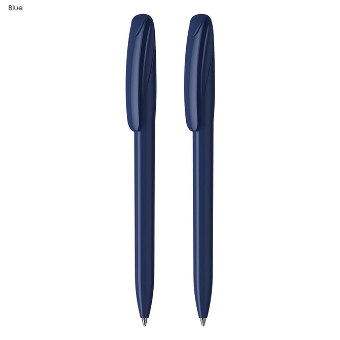 A set of two blue plastic pens with a smooth design and a branding logo.