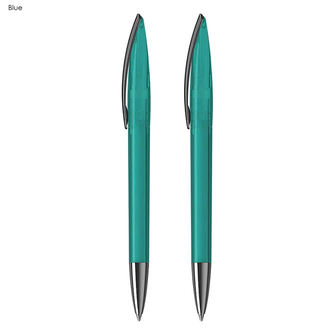 A set of two blue plastic pens with silver accents, featuring a sleek design and clear barrel.