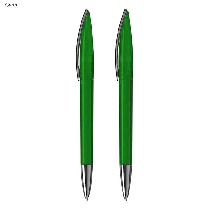 A green pen gift set featuring two plastic pens with silver accents and a branding logo.