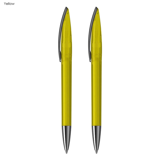 A set of two yellow plastic pens with silver accents and a branding logo on the barrel.
