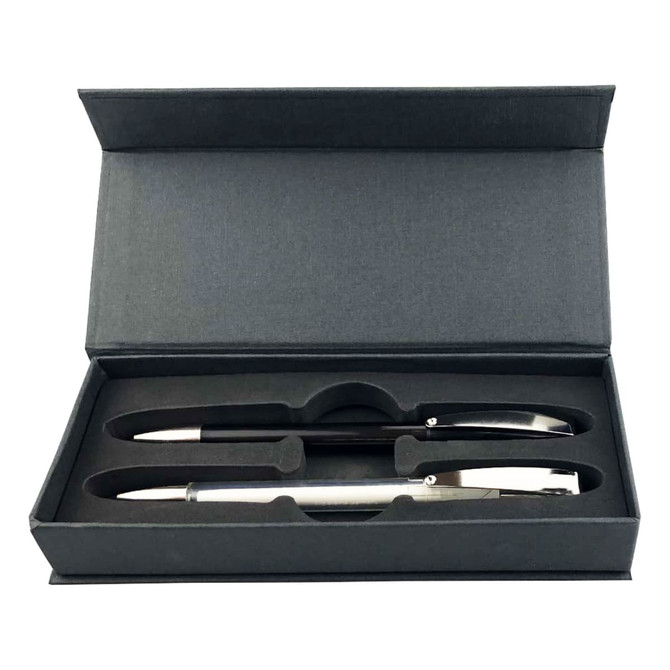 A pen gift set featuring two pens in a sleek black case, with a logo on the interior.