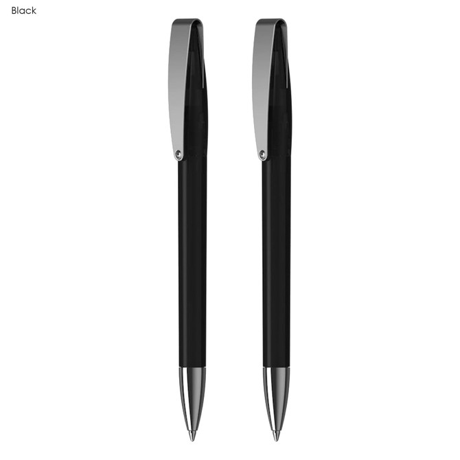 A black pen gift set featuring two sleek pens with silver accents, presented in a stylish arrangement.