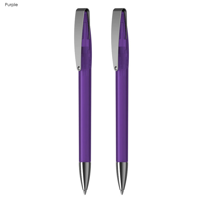 A set of two purple pens with silver clips, displayed alongside each other.