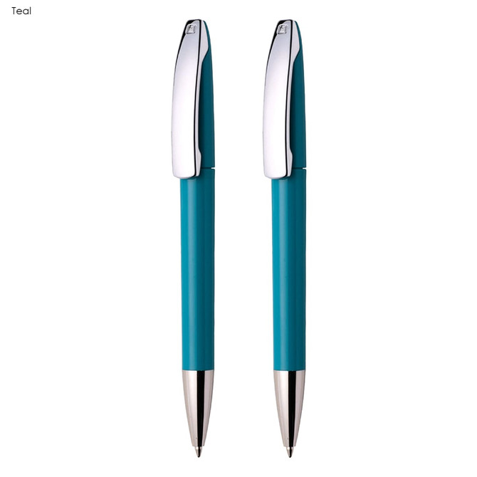 A teal writing set featuring two plastic pens with chrome accents and sleek design. Includes branding on the pens.