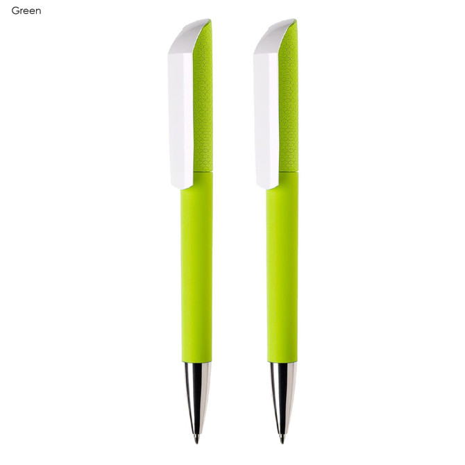 A set of two green plastic pens with white accents and a branding logo on the barrel.