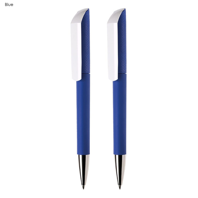 A set of two blue plastic pens with white accents and a logo on the clip.