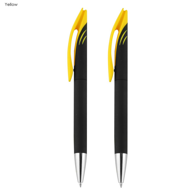 A set of two black and yellow Aster signature pens, featuring a sleek design and a clip for easy attachment.