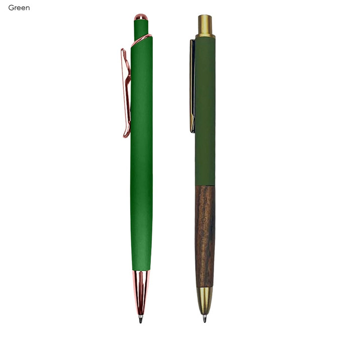 A green metal pen gift set with a wooden accent, featuring two stylish pens and a logo.