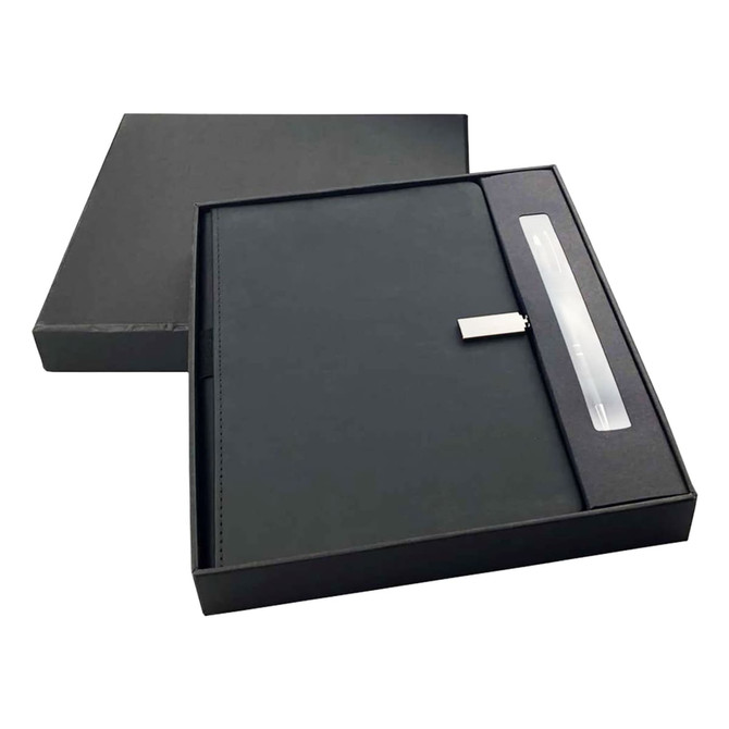 A black notebook and pen gift set presented in a sleek black box, featuring a stylish closure and an accompanying pen.