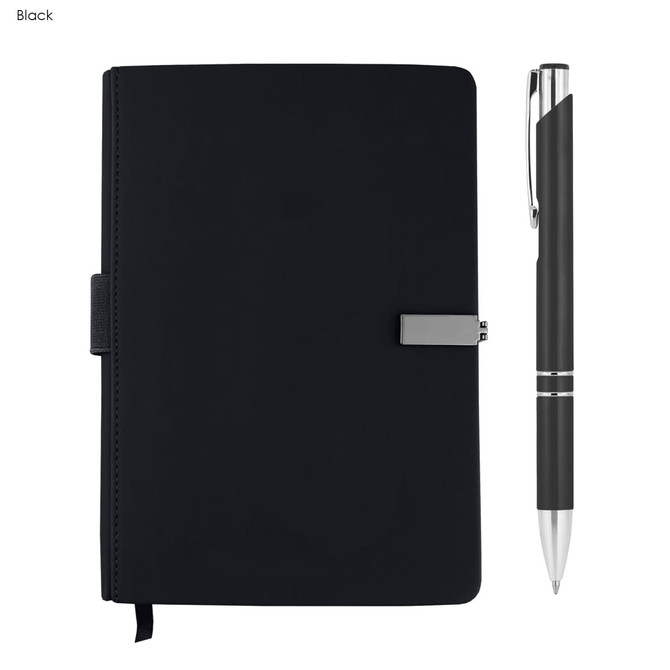 A black notebook with a pen, featuring a metallic clip and a sleek design, suitable for business use.