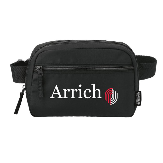 A black recycled sport bum bag featuring a zippered compartment and an adjustable strap, with a logo on the front.