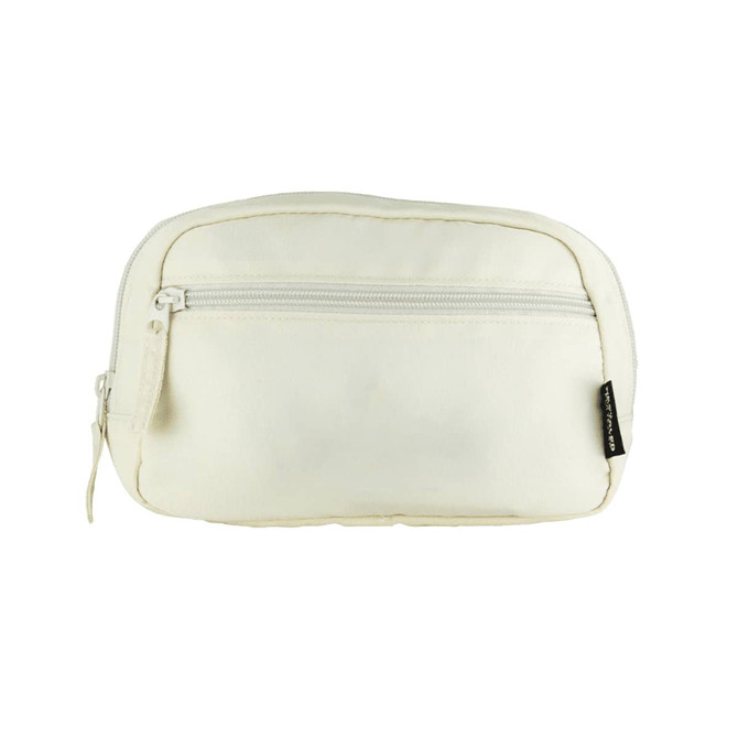 A white recycled sport bum bag with a zippered compartment and a logo tag on the side.