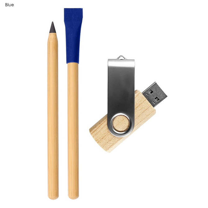 A bamboo pencil, a blue bamboo highlighter, and a wooden USB drive in a metal casing.