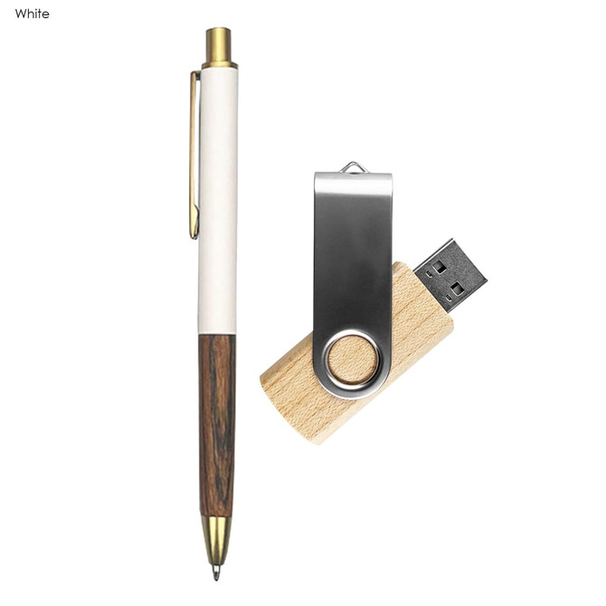 A wooden USB drive and a white pen with a wooden accent, featuring a logo.