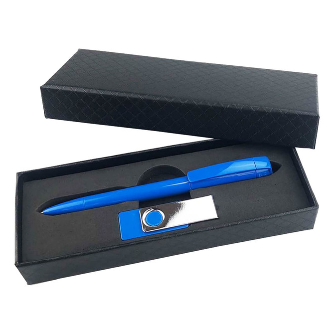 A blue pen and silver clip are presented in a black gift box with a textured design.
