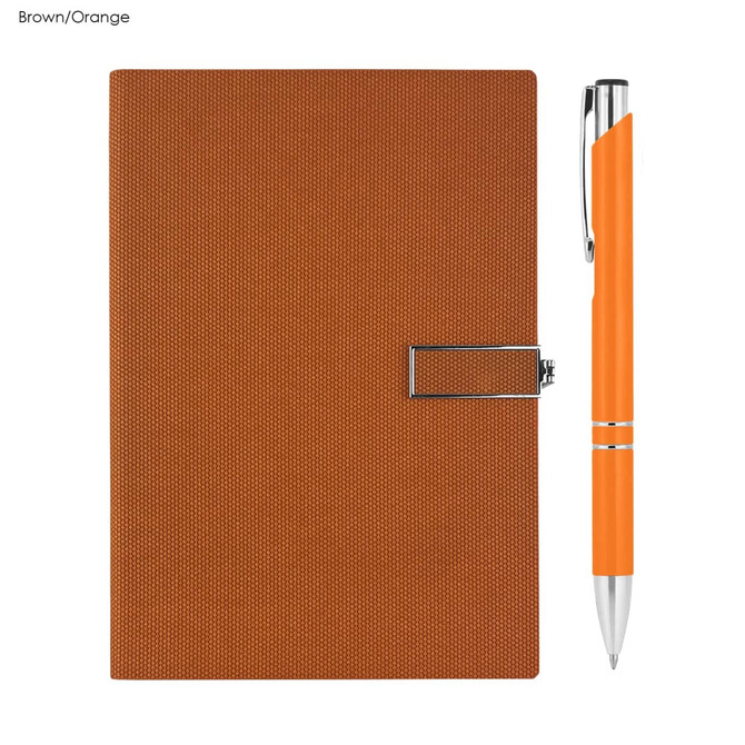 A brown notebook with an orange pen beside it, featuring a clasp closure and a textured cover.