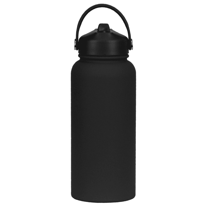 A drink bottle in matte black with a rubber-coated finish and a handle for easy carrying.