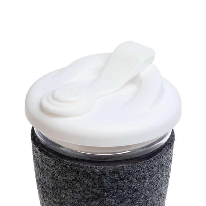 A reusable coffee cup featuring a clear body, a white snap lid, and a dark grey RPET band for insulation and grip.