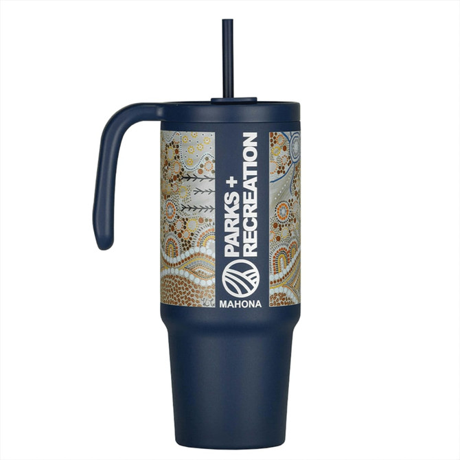 A drink bottle in navy blue with a decorative patterned sleeve and a handle, featuring a plastic straw and a logo.