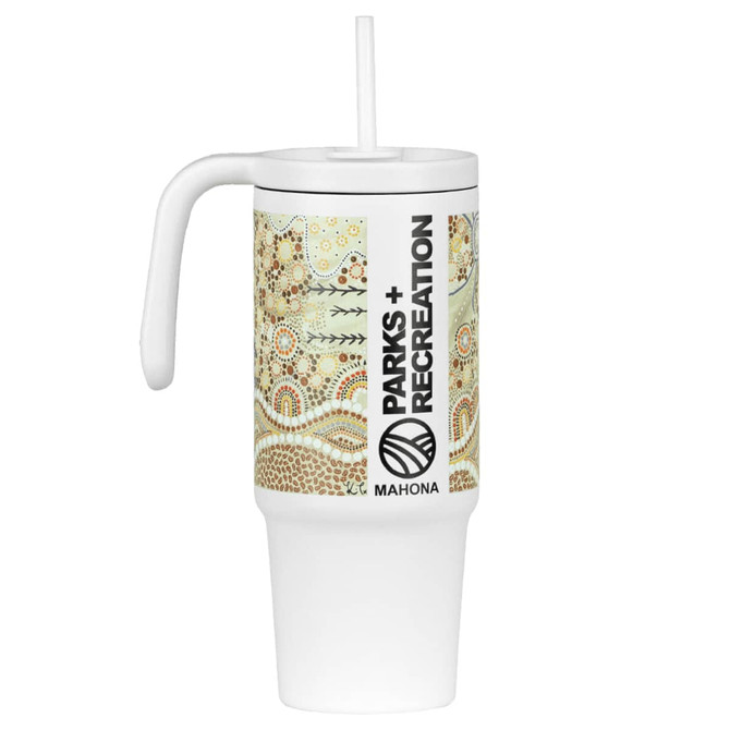 A drink bottle featuring a patterned design with earthy tones, a handle, and a straw. It has a logo on the side.