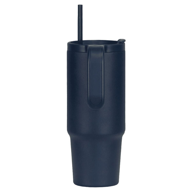 A drink bottle in navy blue with a handle and a straw, made from recycled materials, measuring 900ml.