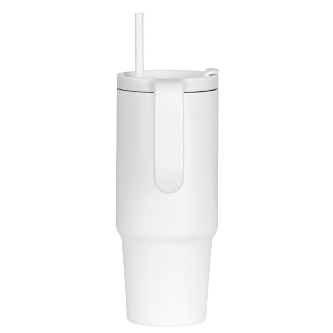 A drink bottle in white with a handle and straw, made from recycled materials, featuring a logo.