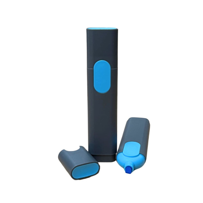 A highlighter in grey with a blue accent, displayed upright with the cap beside it and a body section alongside.