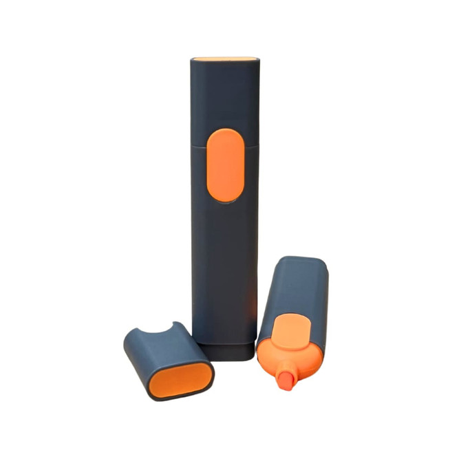 A highlighter set featuring a navy blue body with orange accents and caps, consisting of three pieces.