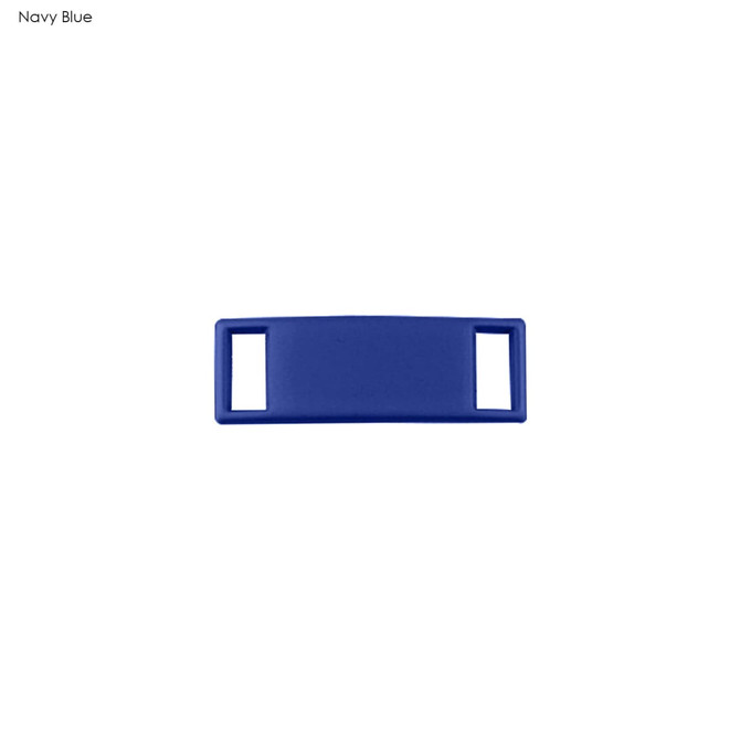 A navy blue luxury shoelace charm with a rectangular shape and openings on both ends.