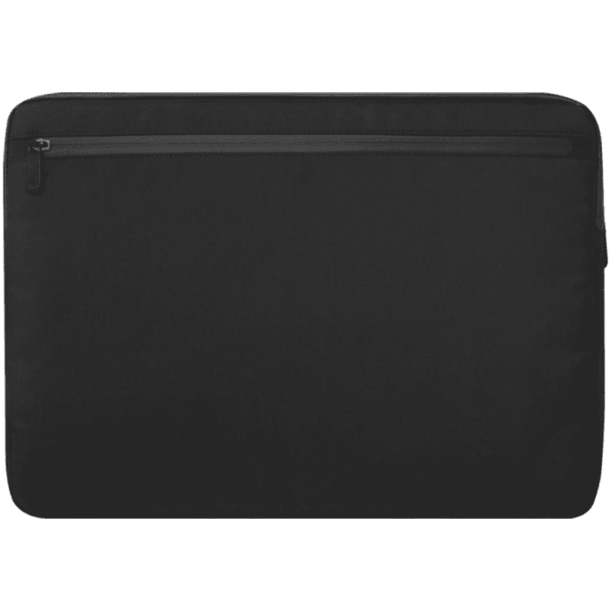 A black laptop sleeve featuring a sleek design with a zippered pocket. It includes a logo.
