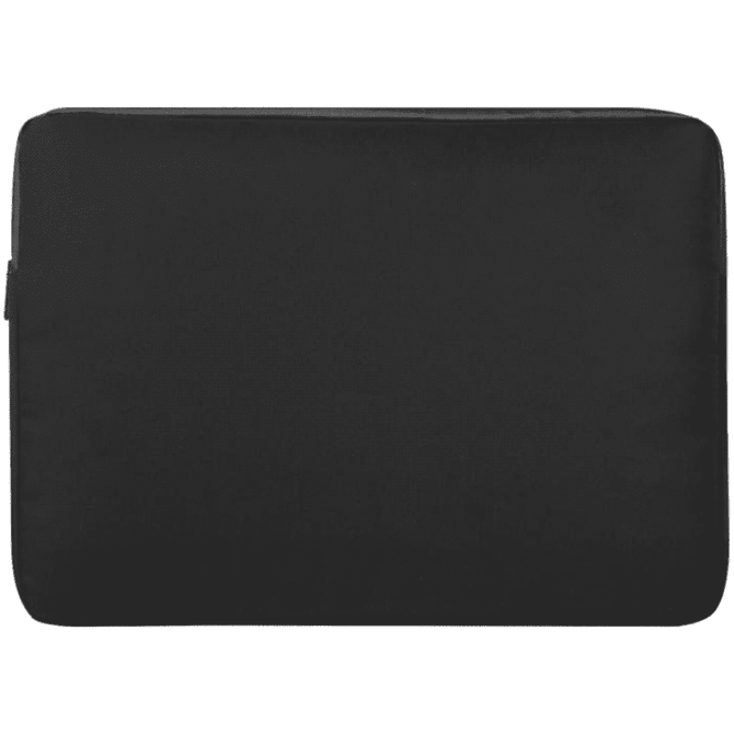 A black recycled laptop sleeve with a zipper closure and a logo on the side. Suitable for a 15.6" laptop.