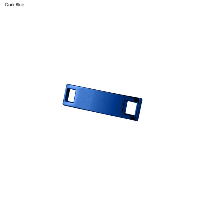 A dark blue shoelace charm with two openings for attachment, set against a plain white background.