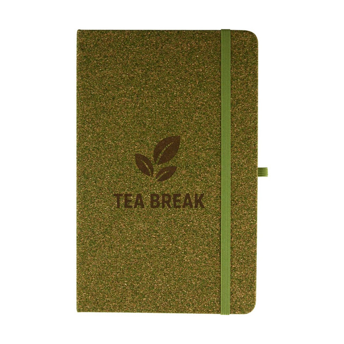 A green cork notebook with a matching elastic band and a logo featuring tea leaves.
