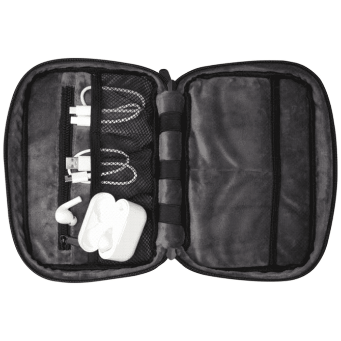 A grey organiser pouch containing charging cables and earbuds, featuring a logo on the exterior.
