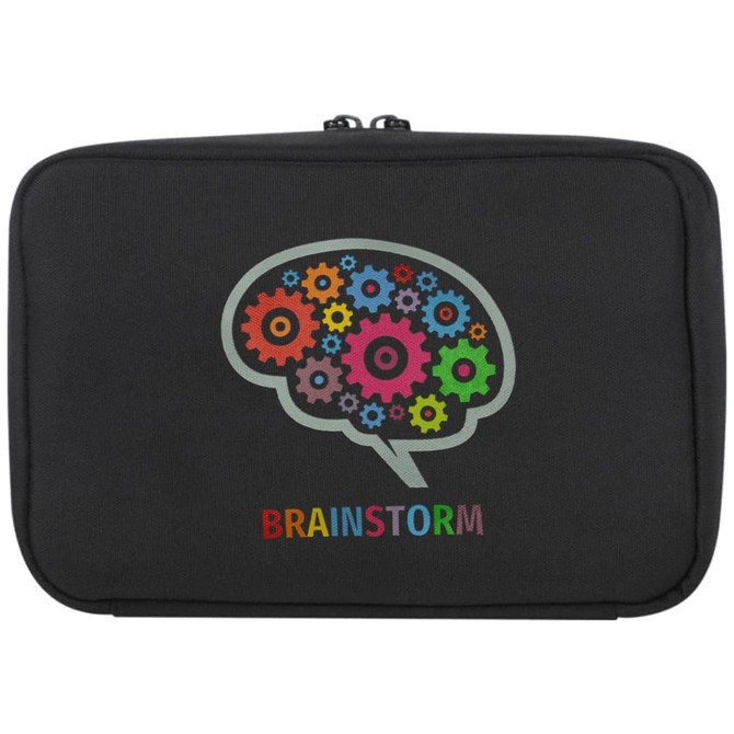 A black organiser pouch featuring a colourful brain graphic composed of gears, with a logo printed below.