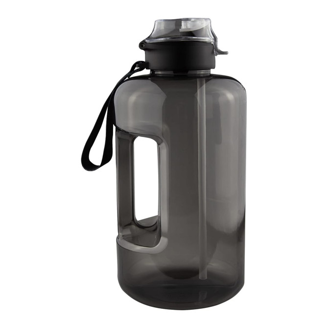 A drink bottle in a grey translucent design with a handle and a removable lid for easy access.