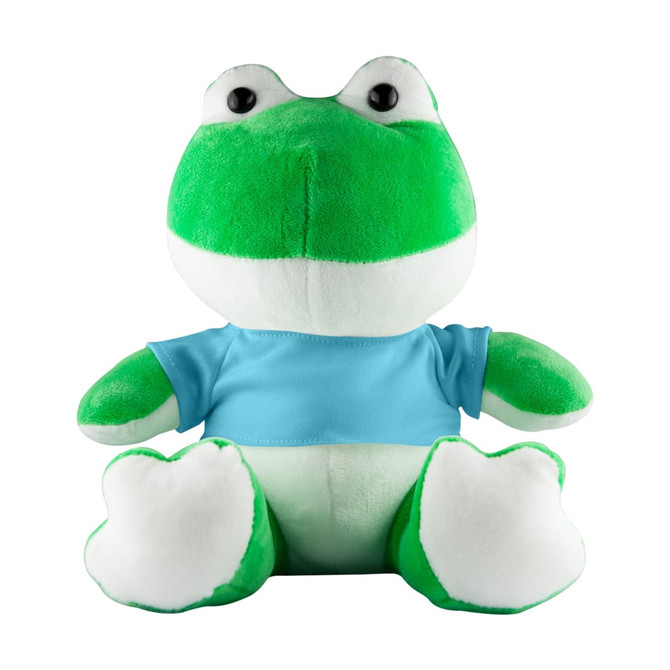 A green frog plush toy with a white belly and blue shirt, featuring large eyes and a friendly expression.
