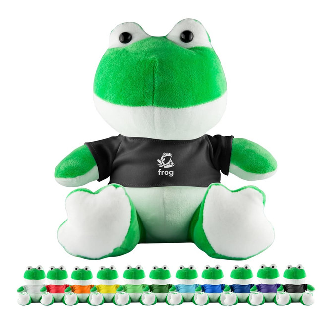 A large green frog plush toy with a black shirt, surrounded by smaller frog plush toys in various colours.