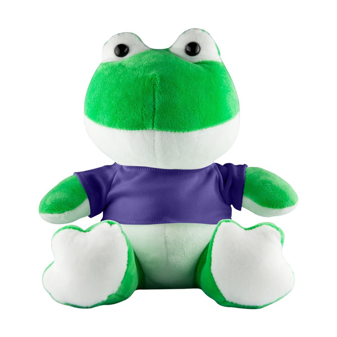 A green frog plush toy with a purple shirt, featuring large eyes and a soft, cuddly design. It has a logo on the shirt.