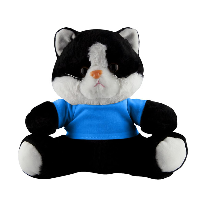 A black and white cat plush toy wearing a blue shirt, seated with a neutral expression. It has a round shape and large eyes.
