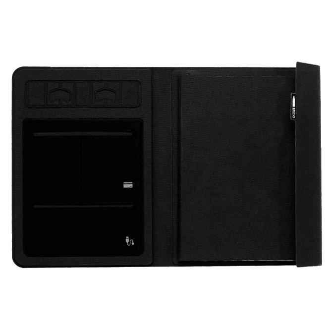 A5 RPET folio notebook in black, featuring a textured cover and an inner pocket for organisation. Includes a logo.