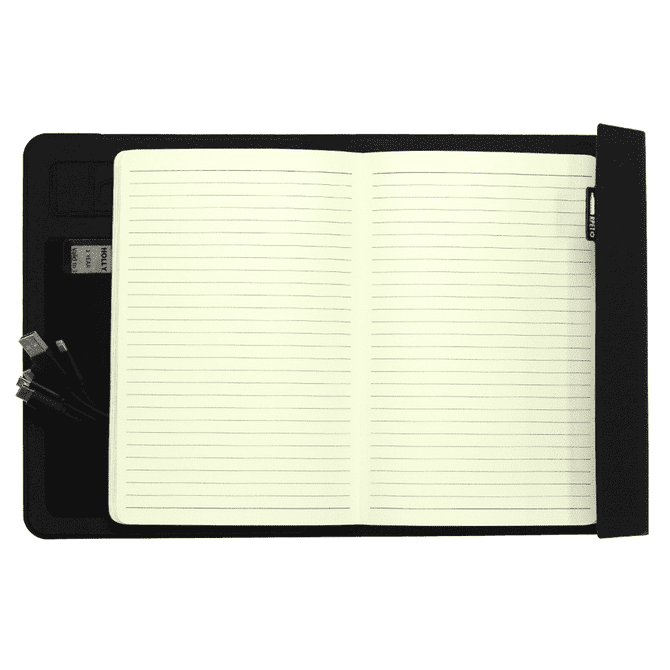 A5 RPET folio notebook in black featuring lined pages, a pen holder, and compartments for accessories.