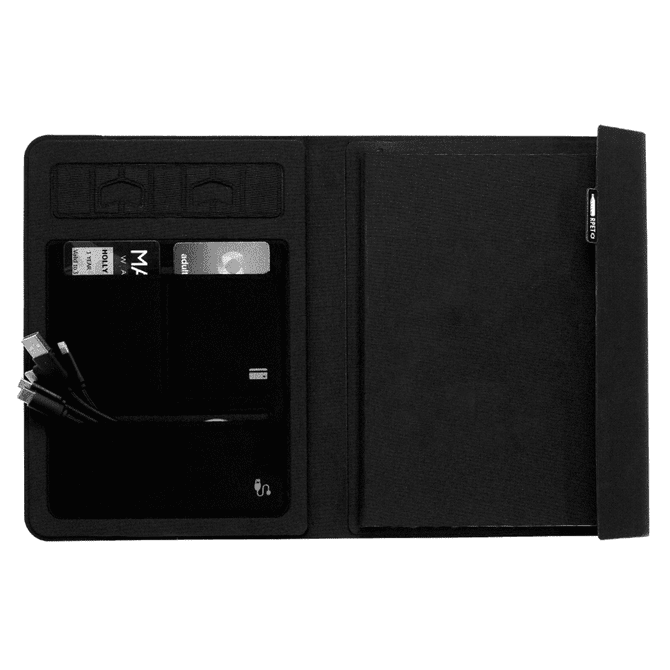 A5 RPET folio notebook in black featuring card slots, cable storage, and a notepad compartment.