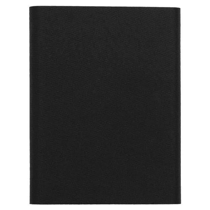 A5 RPET folio notebook in black, featuring a textured cover and a logo on the front.