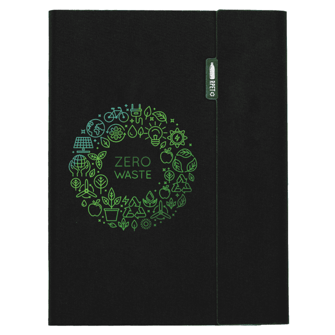 A5 RPET folio notebook in black featuring a green circular design and a logo on the side.
