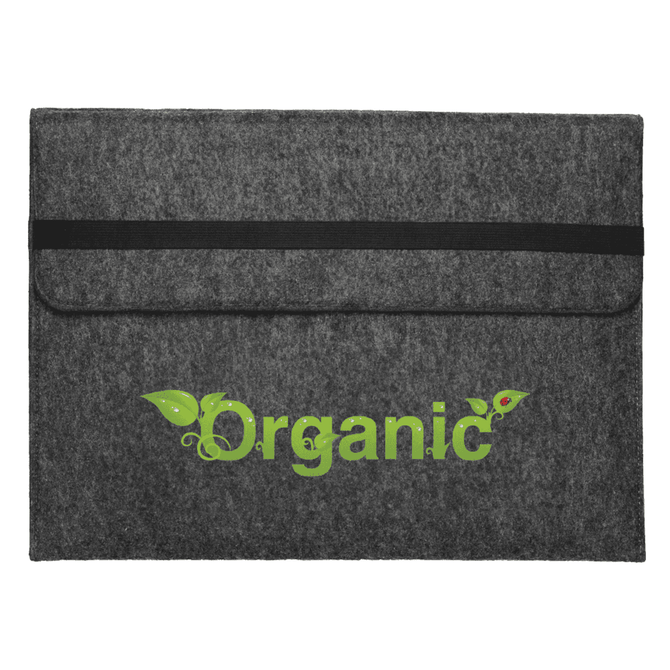 A grey felt laptop sleeve with a black elastic closure and a green logo featuring leaves.