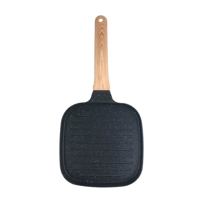 A square grill pan with a non-stick surface and a wooden handle, featuring a black speckled design.