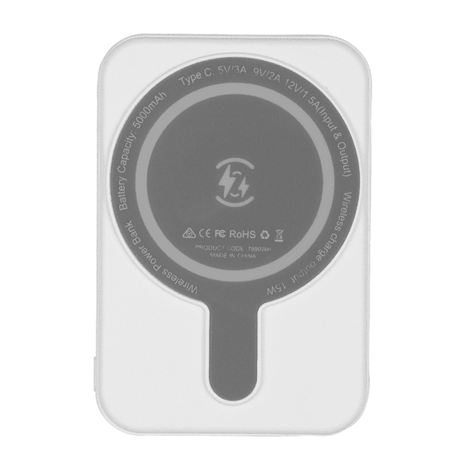 A white magnetic power bank with a circular design, featuring a Type C port and wireless charging capability.